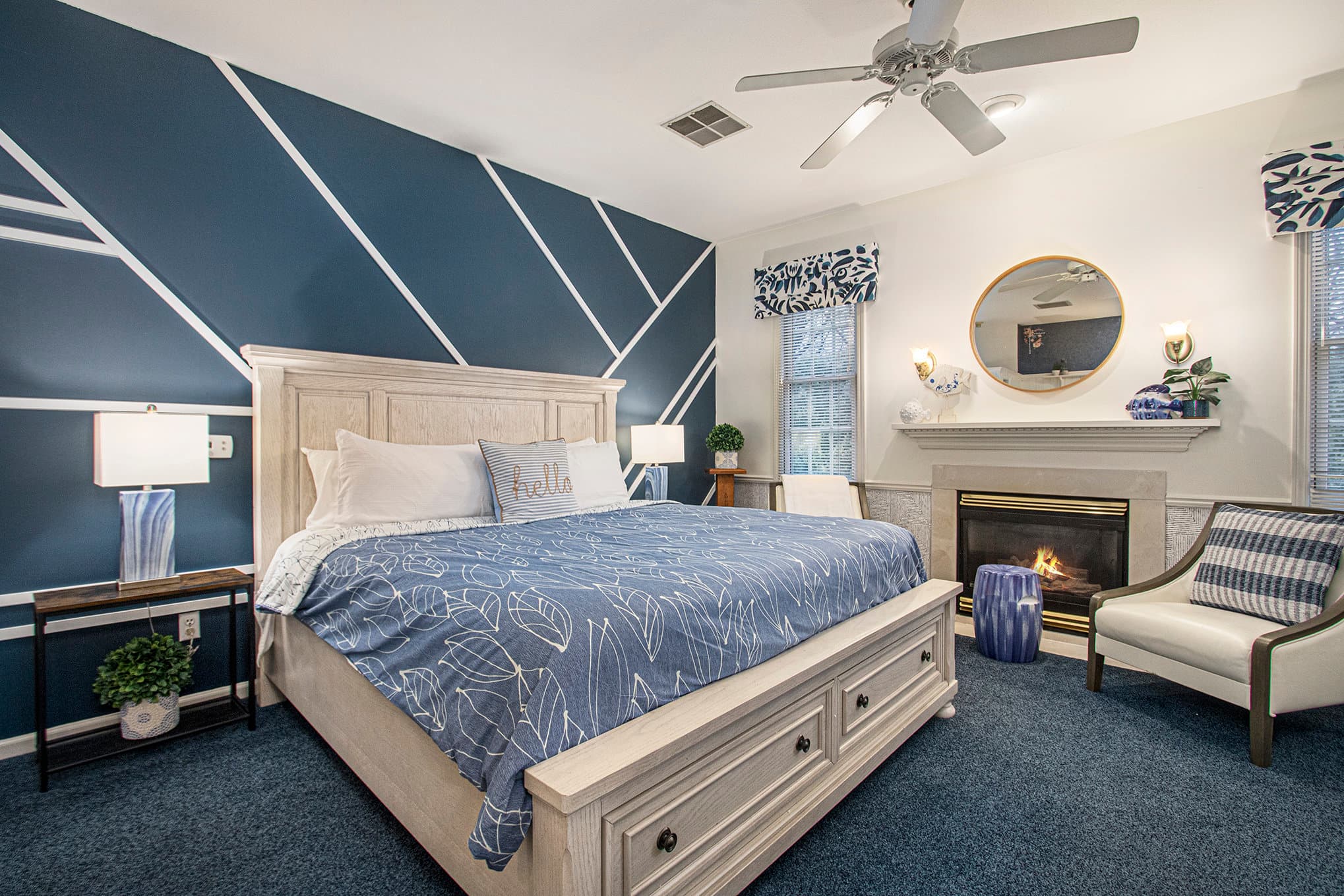 King bed and fireplace