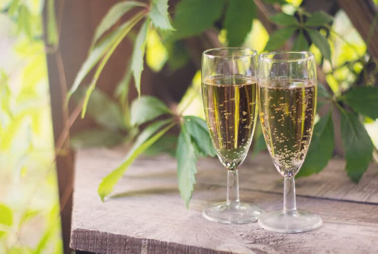 Two glasses of sparkling wine sitting on a wooden surface, surrounded by green leaves.
