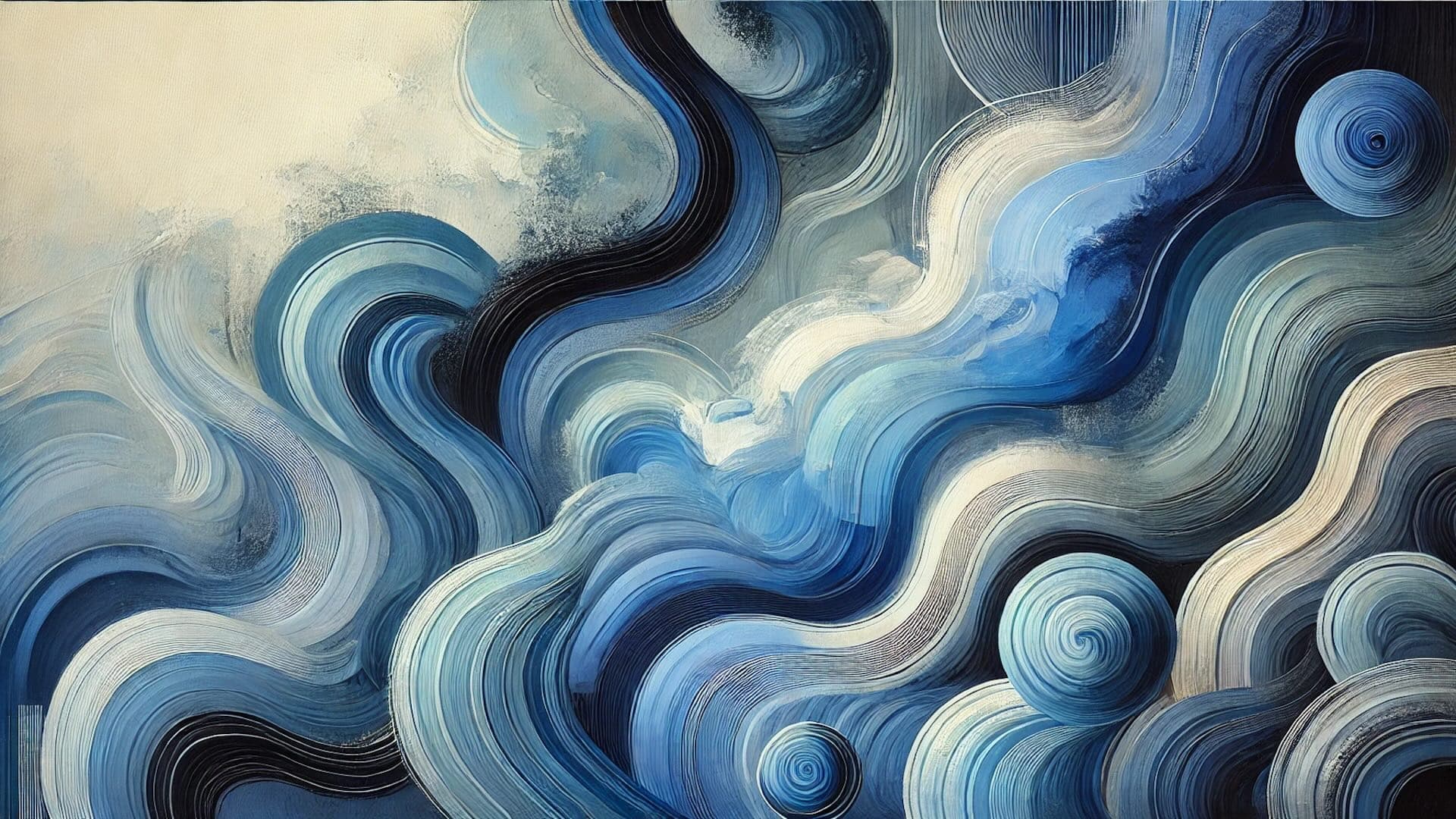 Abstract swirls of blue and white paint create a fluid, wave-like composition.
