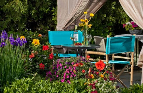 A garden with a table and chairs, some flowers, wine and fresh fruit on the table.