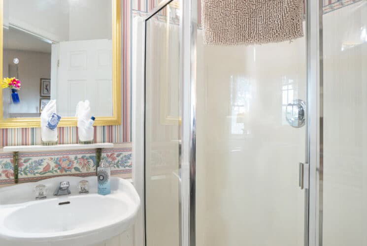 A bathroom with a white porcelain sink, a mirror above it, and a corner shower.